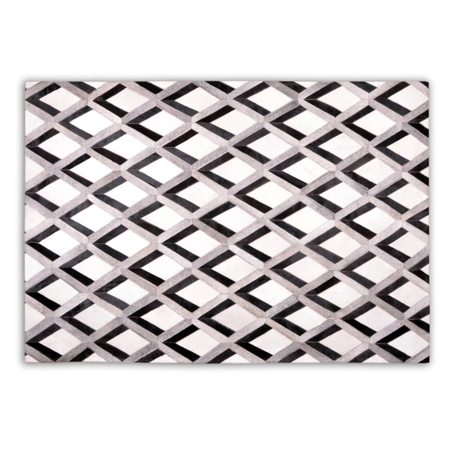 Patchwork Kuhfell Teppich weiß grau schwarz Karo Raute 3D genäht