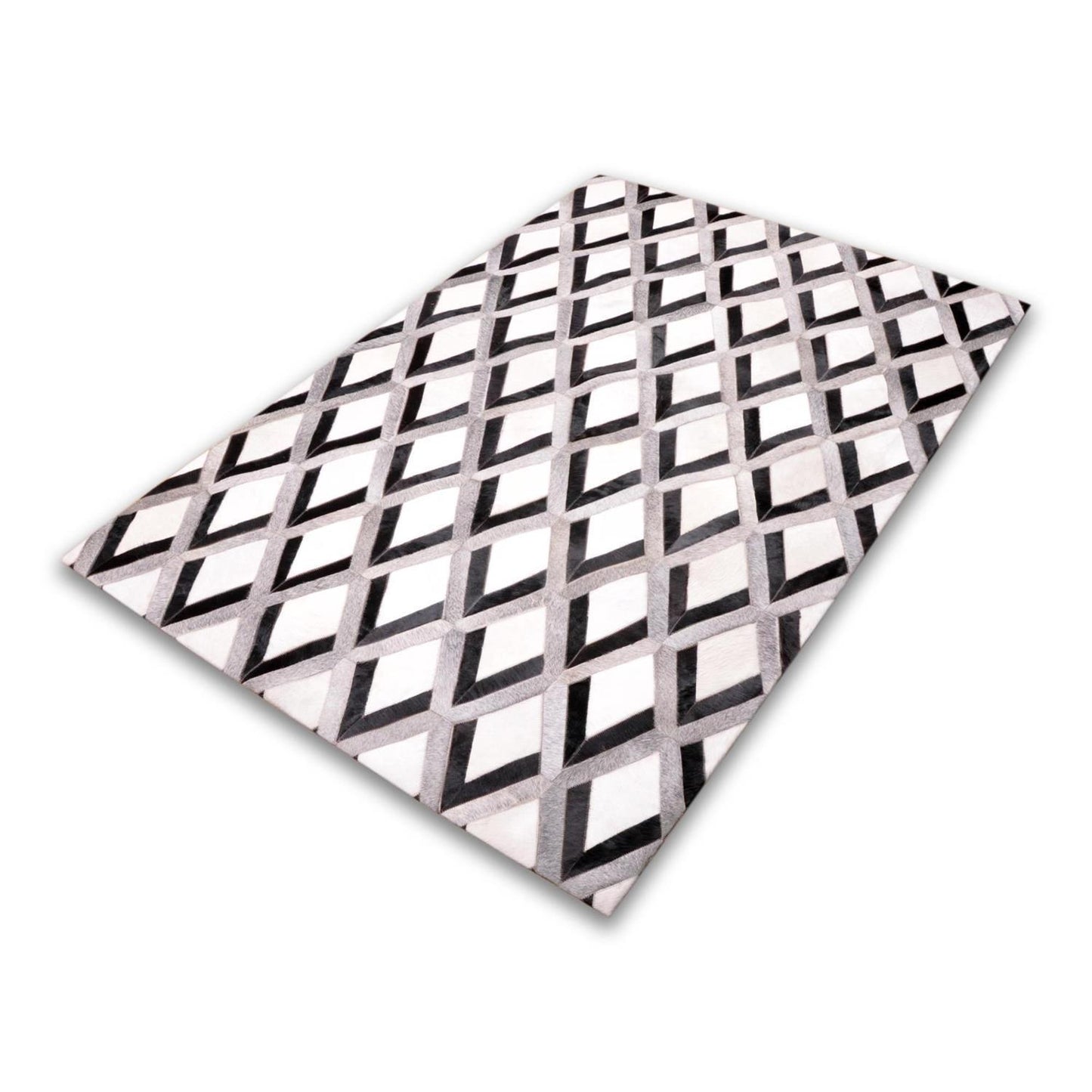 Patchwork Kuhfell Teppich weiß grau schwarz Karo Raute 3D genäht