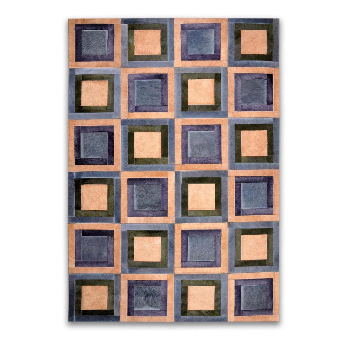 Patchwork Kuhfell Teppich B120 x L180cm blau beige Quadrate Rechtecke geklebt ohne Naht