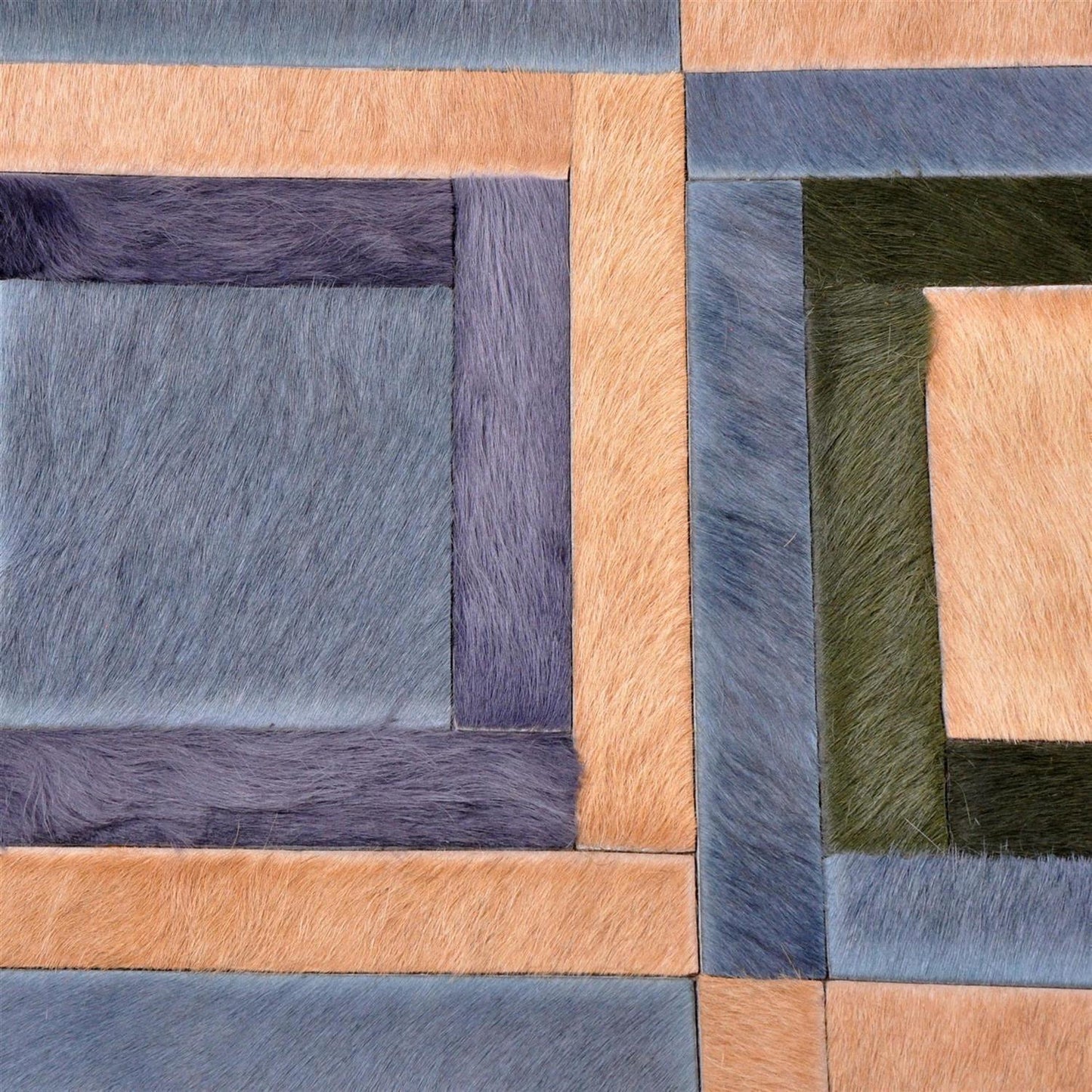 Patchwork Kuhfell Teppich B120 x L180cm blau beige Quadrate Rechtecke geklebt ohne Naht