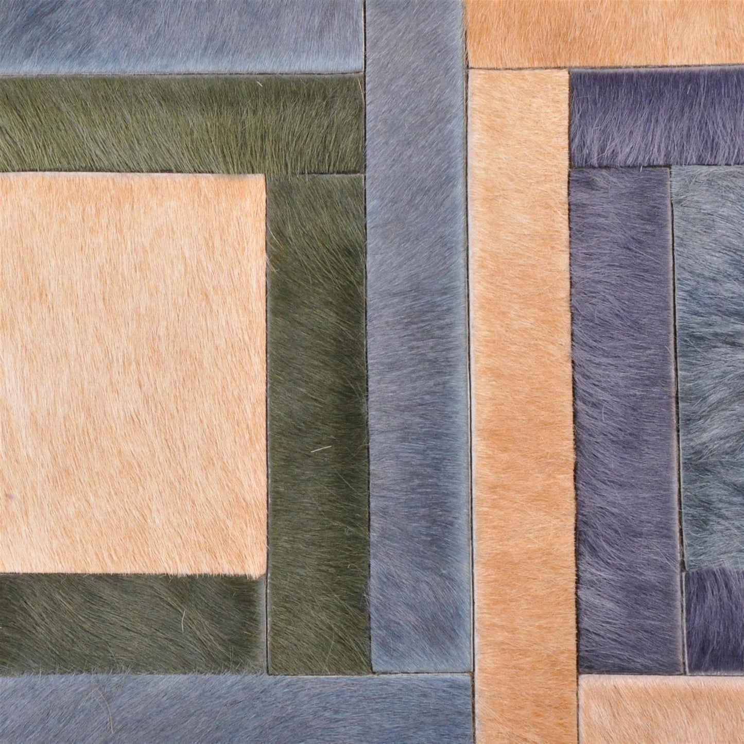 Patchwork Kuhfell Teppich B120 x L180cm blau beige Quadrate Rechtecke geklebt ohne Naht