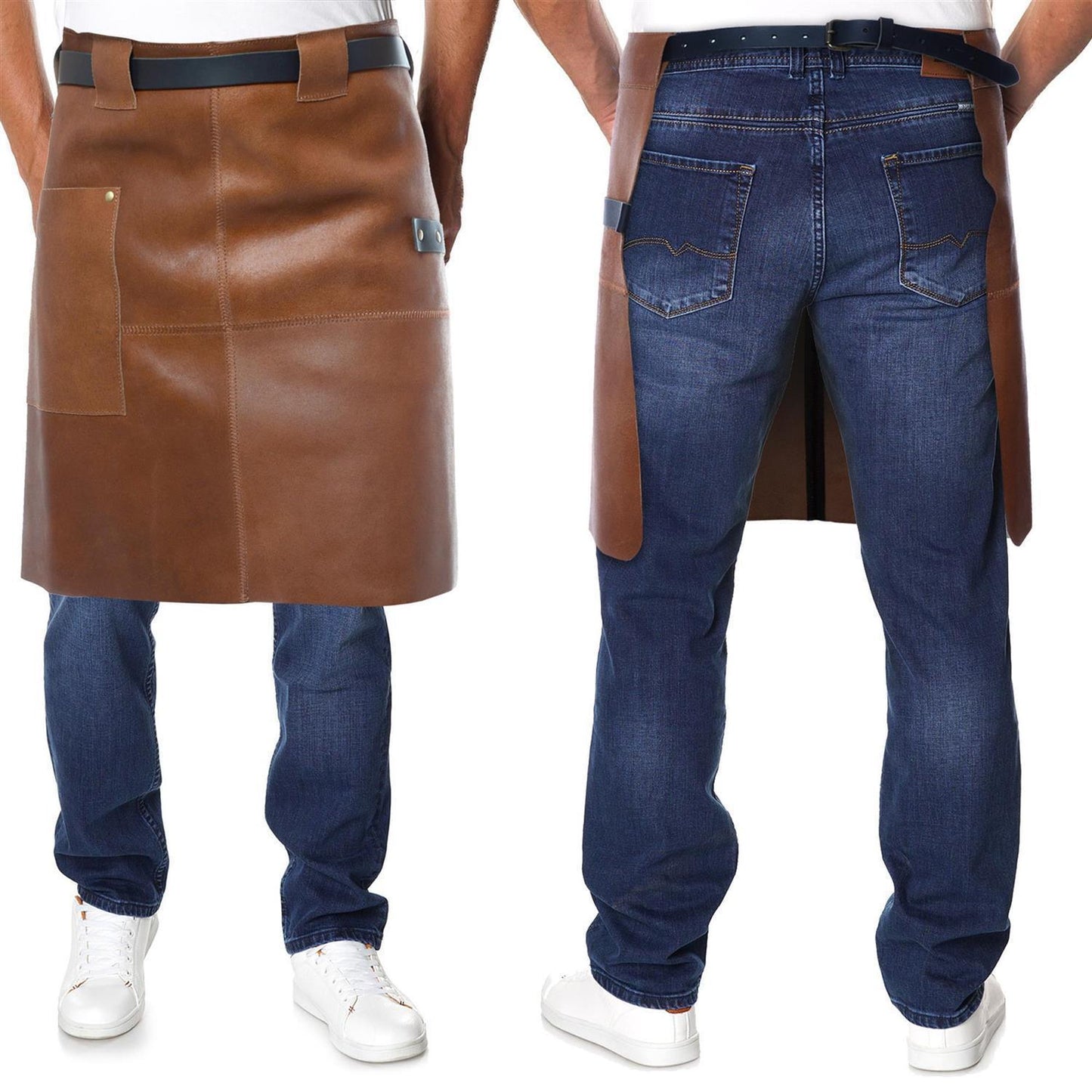Lederschürze aus 100% echtem Leder, kurz, cognac