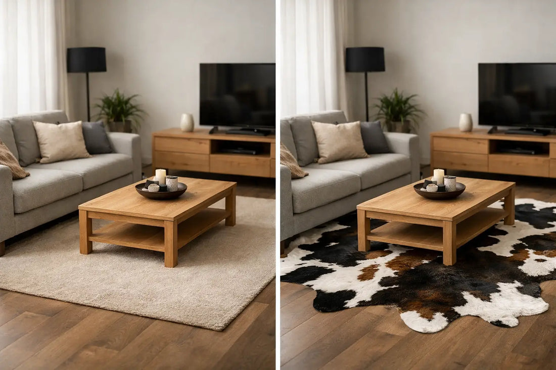 Vorher nachher mit Kuhfellteppich im Wohnzimmer