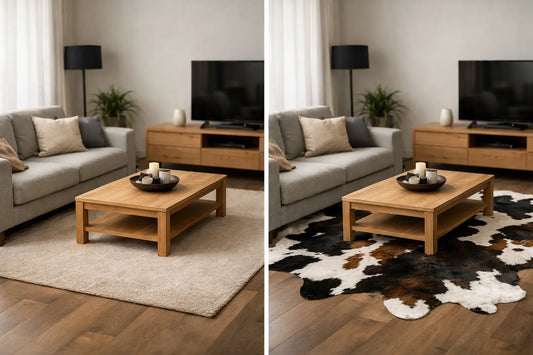 Vorher nachher mit Kuhfellteppich im Wohnzimmer