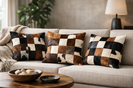 Patchwork Kuhfell Kissen fürs Sofa wählen