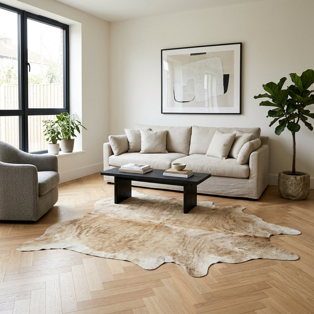Kuhfell Teppich Beige Brindle im Wohnraum