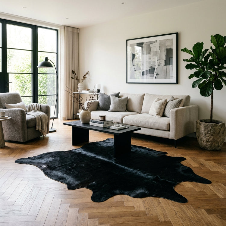 Kuhfell Teppich Schwarz im Wohnraum