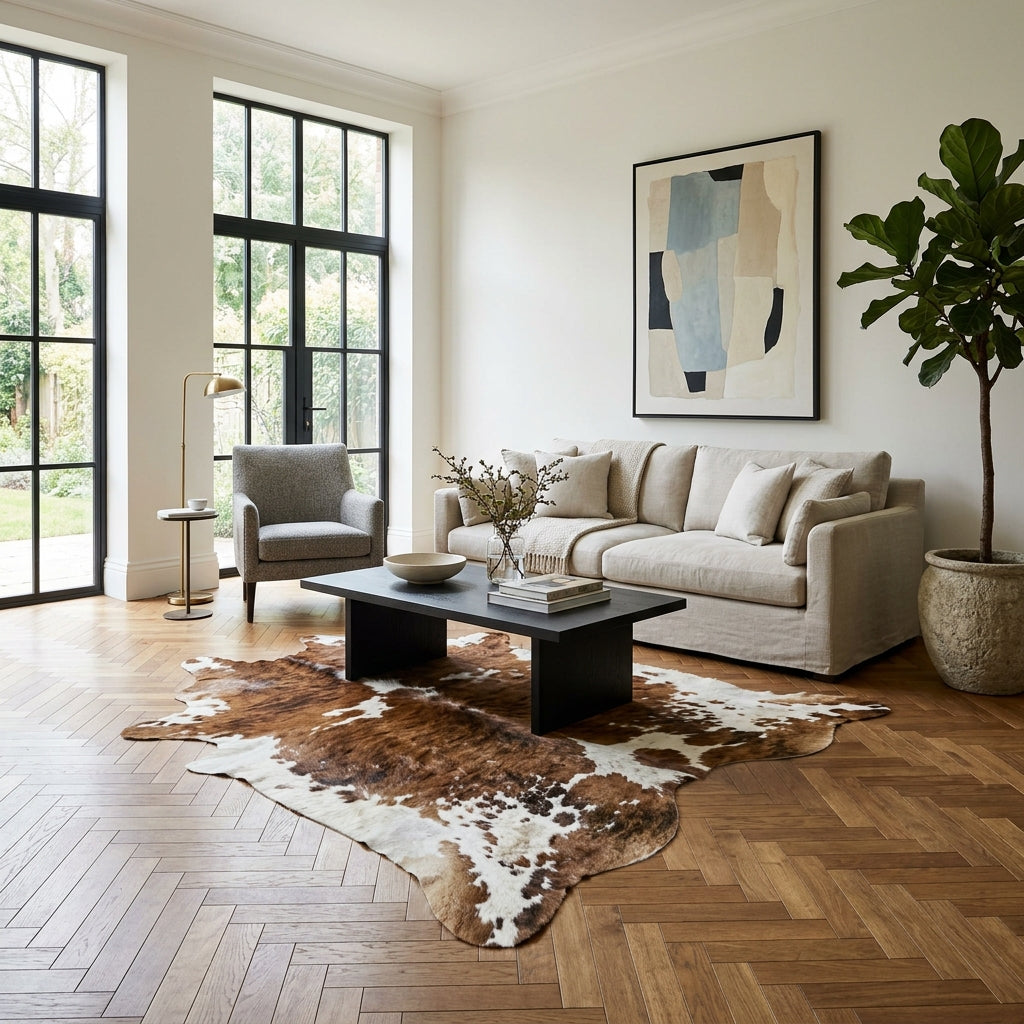 Kuhfell Teppich Exotic White Belly im Wohnraum