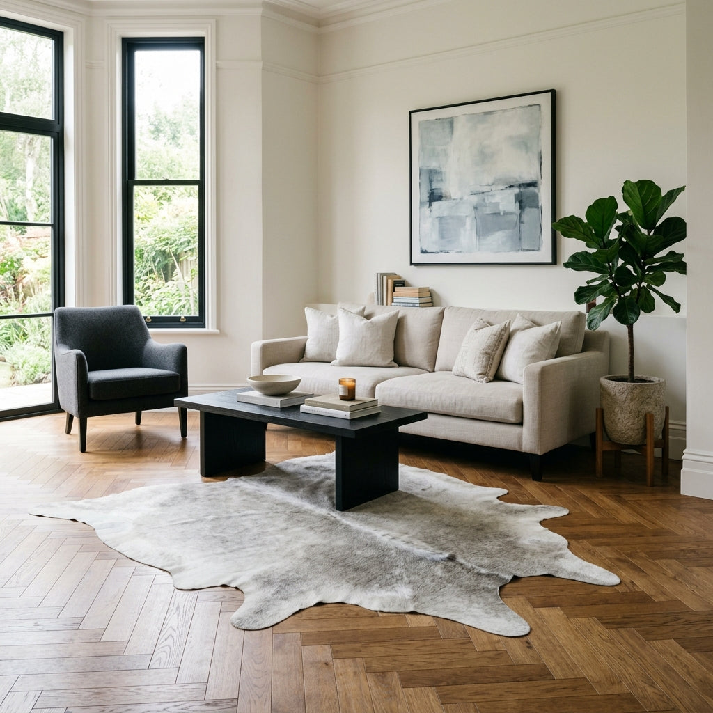 Kuhfell Teppich Grau im Wohnraum