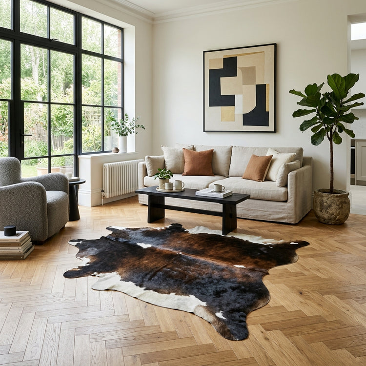 Kuhfell Teppich Tricolor im Wohnraum
