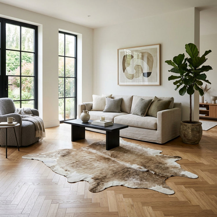 Kuhfell Teppich Beige im Wohnraum